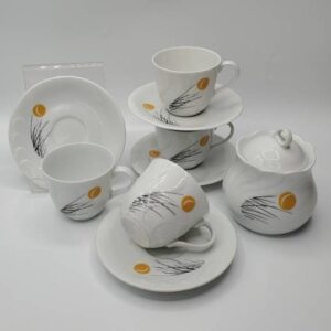 Set of 4 Wawel Poland Porcelain Demitasse Cups and Saucers, Plus Sugar Bowl and Lid, Black Reeds and Moon Design