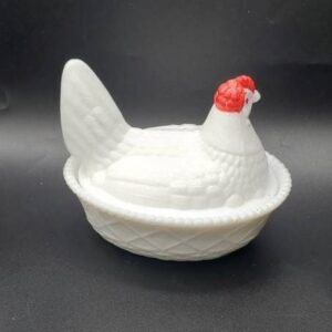 Vintage Westmoreland Milk Glass Hen on Nest with Red Comb, HON Candy Dish