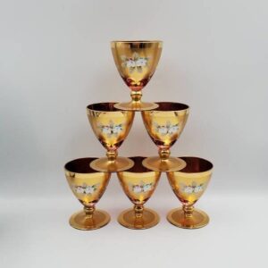 Set of 6 Hand Painted Bohemian Floral Cranberry Stemmed Cordial Glasses; Hand painted Flowers