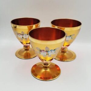 Set of 6 Hand Painted Bohemian Floral Cranberry Stemmed Cordial Glasses; Hand painted Flowers