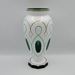 Bohemian Glass Cased Glass Vase White Cut to Green Glass Vase with Gold Trim, 10 Inch Vase