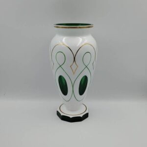 Bohemian Glass Cased Glass Vase White Cut to Green Glass Vase with Gold Trim, 10 Inch Vase