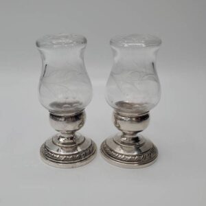 Vintage Sterling Salt and Pepper Shakers; Quaker Hurricane Newport Sterling Etched Glass Salt and Pepper Shakers