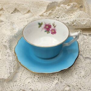 Crown Staffordshire Teacup and Saucer, Blue Cup and Saucer with Pink Floral design