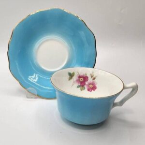 Crown Staffordshire Teacup and Saucer, Blue Cup and Saucer with Pink Floral design