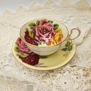 Aynsley Teacup and Saucer, Three Large Multi Color Roses, Pale Yellow Cup and Saucer