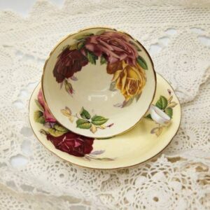 Aynsley Teacup and Saucer, Three Large Multi Color Roses, Pale Yellow Cup and Saucer