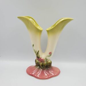 HULL Pottery Woodland W15 Double Bud Vase Vase, Green with Pink Flowers, Pink Base