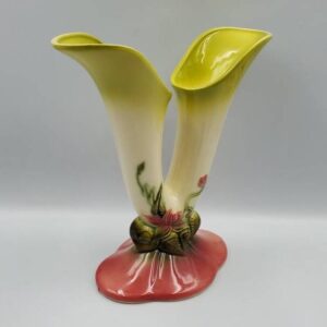 HULL Pottery Woodland W15 Double Bud Vase Vase, Green with Pink Flowers, Pink Base