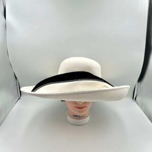 NOS Andre Ivory Felt Hat with Velvet, Satin & Rhinestone Feather Black Accents - Original Tag, made in Canada