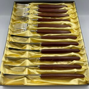 Vintage MCM Pagwood Set of 6 Knives & Forks "Bandana Grill Set" - Monogram Cutlery Unused in Original Box!