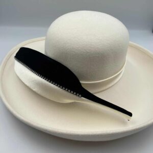 NOS Andre Ivory Felt Hat with Velvet, Satin & Rhinestone Feather Black Accents - Original Tag, made in Canada