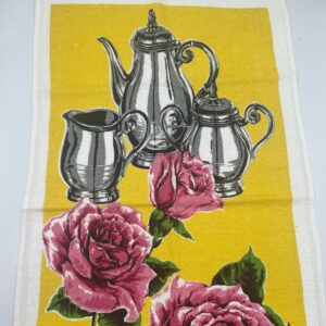 NOS Vintage 100% Cotton Tea Towel with a Tea Set and Roses