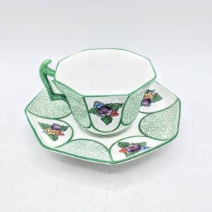 Art Deco Cup and Saucer by Crown Staffordshire China; Green and White Floral Art Deco Teacup and Saucer