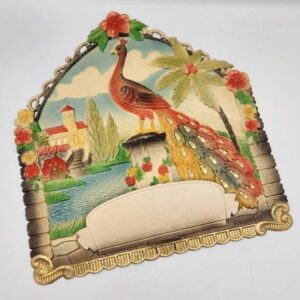 Vintage Die Cut Calendar Topper Western Germany, Peacock on pillar, palm tree design