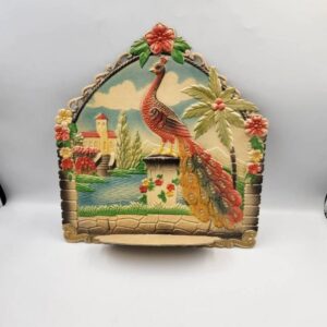 Vintage Die Cut Calendar Topper Western Germany, Peacock on pillar, palm tree design