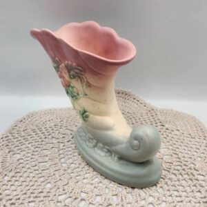 HULL Pottery Wildflower W7 Cornucopia Vase, Pastel Tones Green, Pink, and Yellow, 7 1/2 Inches