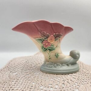 HULL Pottery Wildflower W7 Cornucopia Vase, Pastel Tones Green, Pink, and Yellow, 7 1/2 Inches