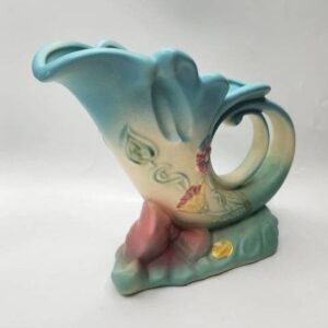 HULL Pottery Bowknot B5 7 1/2 Inch Cornucopia Vase with Original Sticker,  Matte Finish Now, Pink, Green, and Yellow