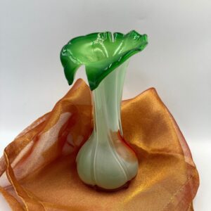 Vintage Jack in the Pulpit Vase; Orange, White and Green Cased Glass Vase with Leaf-Shaped Ruffled Edge, 7 1/4" tall