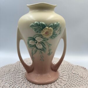 HULL Pottery Wildflower #W-12 9 1/2 Inch Vase with Two Handles, Pastel Colors, Pink, Green, and Yellow