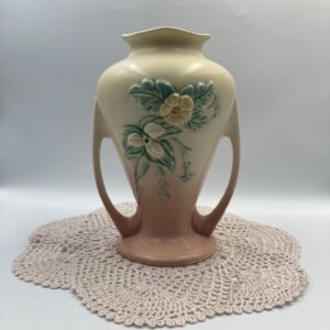 HULL Pottery Wildflower #W-12 9 1/2 Inch Vase with Two Handles, Pastel Colors, Pink, Green, and Yellow