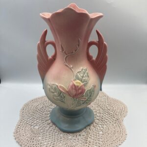 HULL Pottery Magnolia #17 - 12 1/4 Inch Swan Handled Vase, Matte Finish Pink, Blue, Green, and Yellow