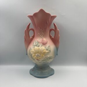 HULL Pottery Magnolia #17 - 12 1/4 Inch Swan Handled Vase, Matte Finish Pink, Blue, Green, and Yellow