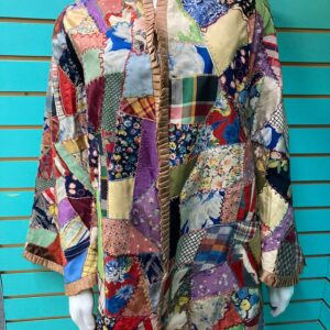 Vintage 1950's Hand Made Jacket from Old Crazy Quilt with Fringed Collar and Cuffs - Sold as found