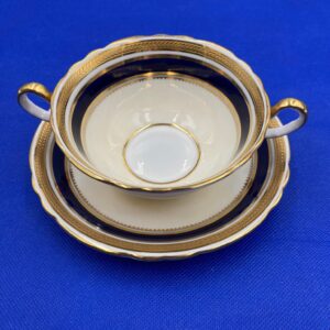 Discontinued AYNSLEY Regency Blue Double-handled Cream Soup with Saucer