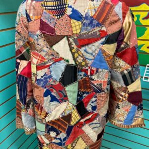 Vintage 1950's Hand Made Jacket from Old Crazy Quilt with Fringed Collar and Cuffs - Sold as found