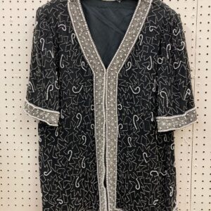 XL Vintage Heavily Beaded Black, White, and Silver Kimono-Style Jacket