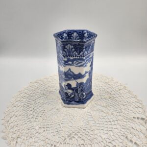 1930s Cauldon Chariot 6 Sided Vase, Blue and White Vase, made in England