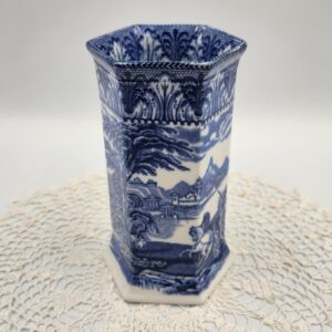 1930s Cauldon Chariot 6 Sided Vase, Blue and White Vase, made in England