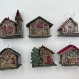 Set of 6 Vintage Putz-Style Cardboard / MICA Christmas Houses - Made in Japan