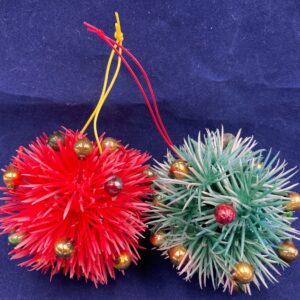 Vintage Set of 5 Spiky Plastic Christmas Ball Ornaments with Mercury Glass Beads