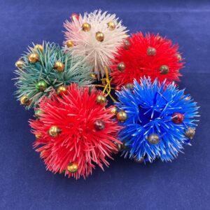 Vintage Set of 5 Spiky Plastic Christmas Ball Ornaments with Mercury Glass Beads