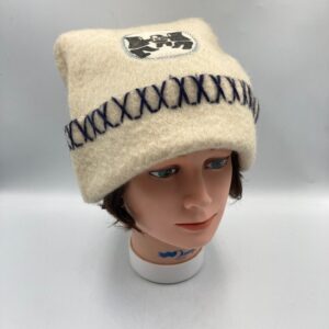 1970s Inuit Heavy Wool Felt Handmade Toque with Sewn on Patch and Fur Pom Pom