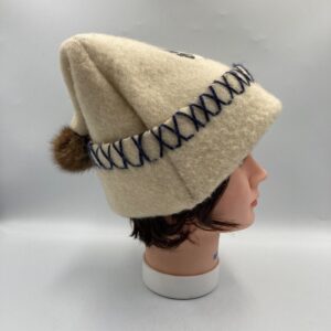 1970s Inuit Heavy Wool Felt Handmade Toque with Sewn on Patch and Fur Pom Pom