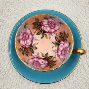 Aynsley Teacup and Saucer, Four Cabbage Roses, Turquoise Exterior and Saucer #1031