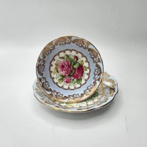 Foley Cabbage Roses Trio Cup and Saucer, signed P Granet, Pale Blue Band