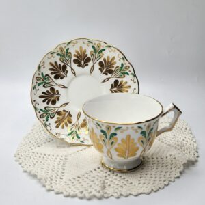 Aynsley Teacup and Saucer, White with Gold and Green Design, Aynsley Style 2702