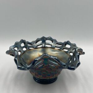 FENTON Carnival Glass Bowl - pierced ruffled edge and basket weave pattern