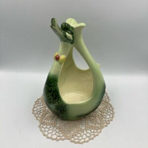 1950s HULL Pottery Rare Green Swan Planter with Yellow and Pink Bow Tie #413