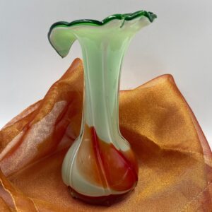 Vintage Jack in the Pulpit Vase; Orange, White and Green Cased Glass Vase with Leaf-Shaped Ruffled Edge, 7 1/4" tall