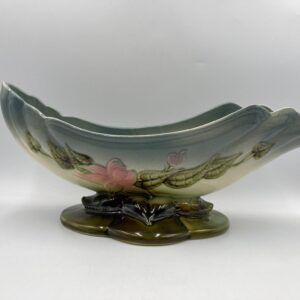 1950s HULL Pottery Console Bowl W29, Glossy Finish, Blue and Green with Pretty Pink Floral Design