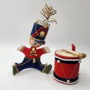 Vintage Soldier with Drum Christmas Tree Ornaments, Made in Japan, Flocked Ornaments, Drummer Boy