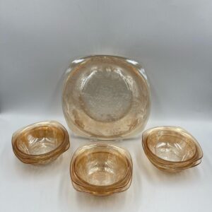 Vintage 7 Piece Jeanette Glass Floragold Louisa Berry Bowl Set; Large Bowl and 6 Smaller Bowls