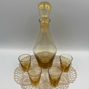 Vintage Italian Amber Glass Decanter with Original Sticker and 4 Liqueur Glasses