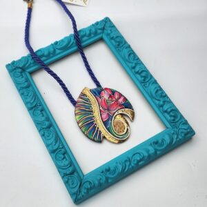 David Detz Hand Painted Statement Necklace, Floral Pendant, Cord Necklace